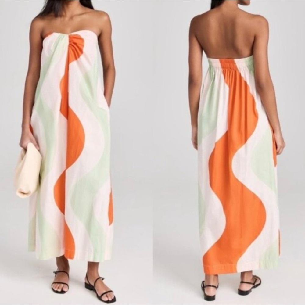 Mara Hoffman Strapless Wavy Orange, White & Mint Maxi Dress